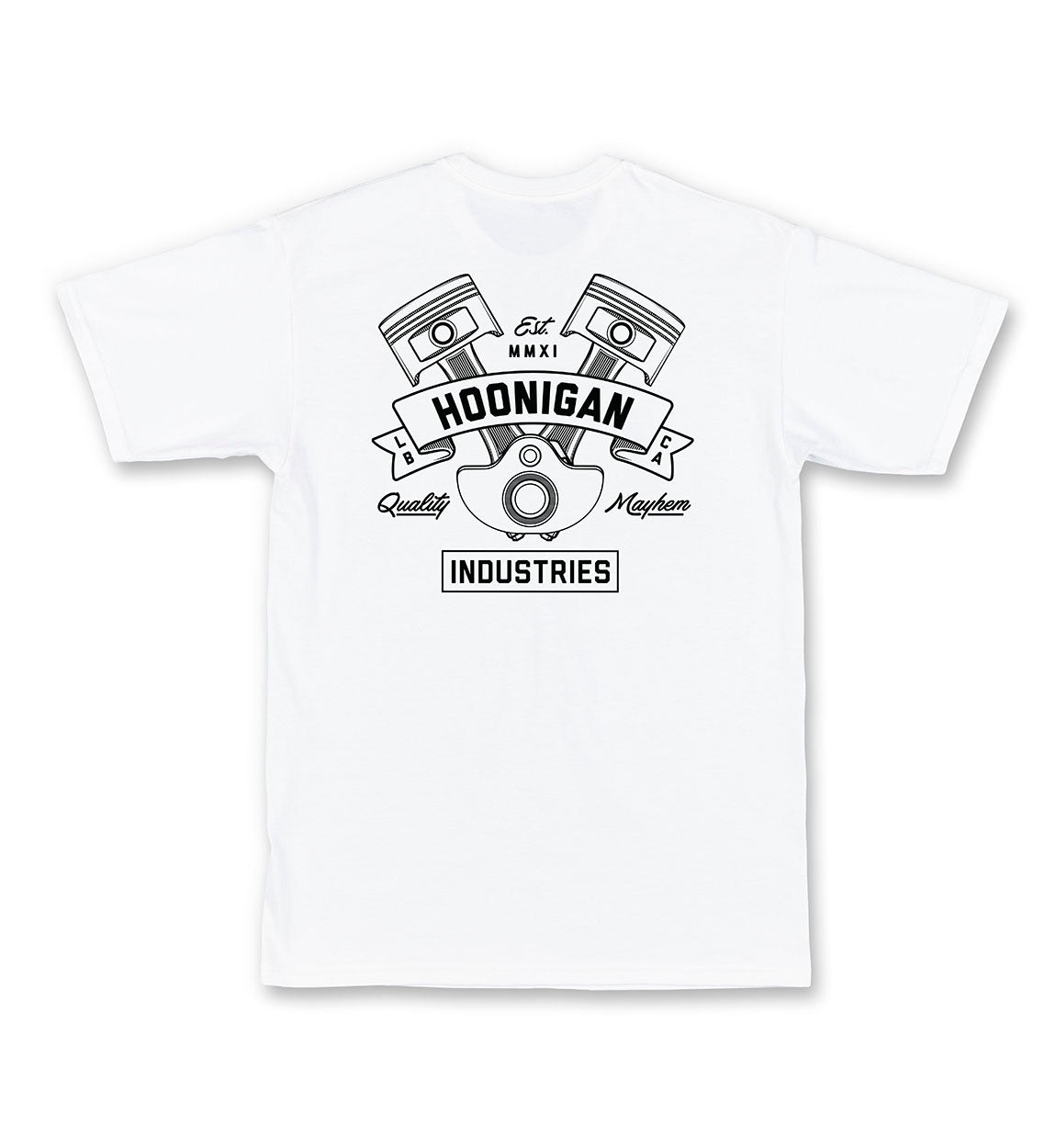 Hoonigan CRANKED Short Sleeve Tee in white, featuring a bold graphic logo on the front.