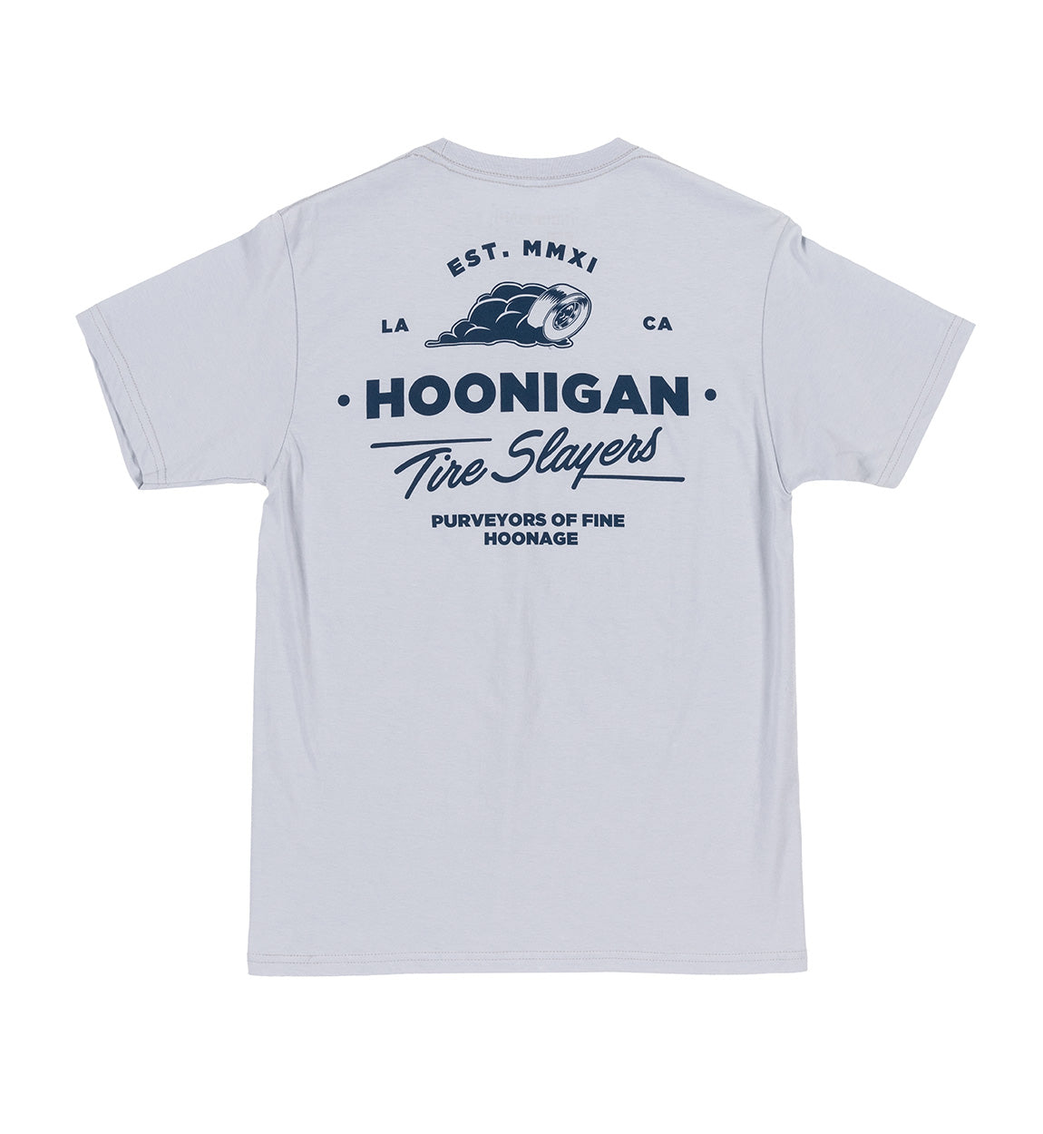Hoonigan CHEATER SLICKS Short Sleeve Tee featuring a graphic design with a racing-themed print on a light blue background.