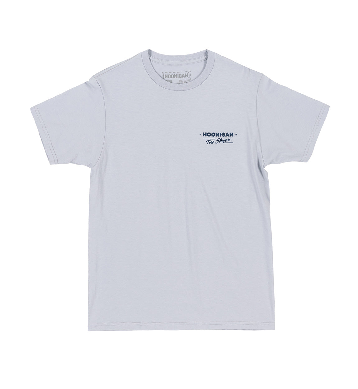 Alt text: Hoonigan CHEATER SLICKS short sleeve tee in light blue with a bold graphic print and logo on the front.