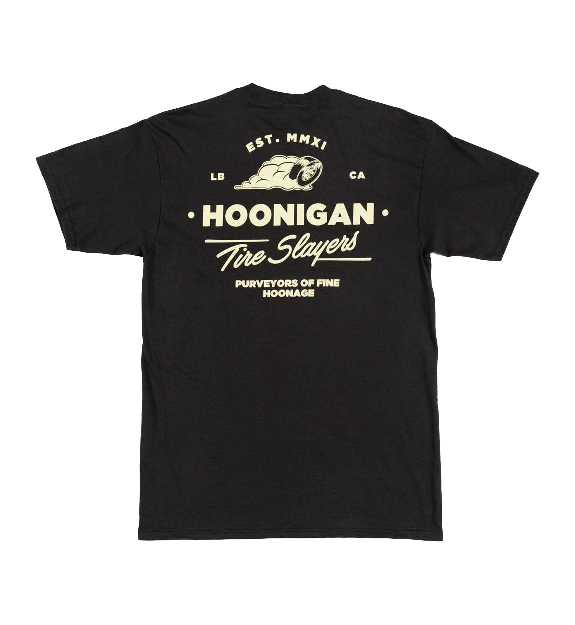 Hoonigan CHEATER SLICKS Short Sleeve Tee in black with bold graphic print on front.