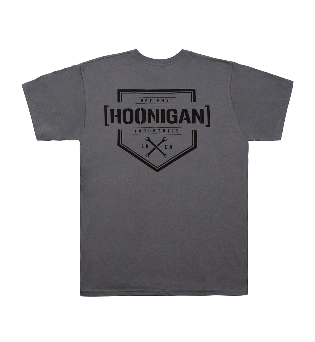 Hoonigan Bracket X Logo Short Sleeve Tee in charcoal black, featuring a bold graphic logo on the back.
