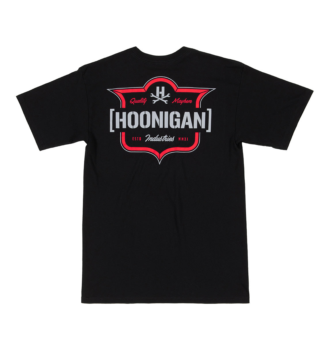 Black short sleeve tee featuring the Hoonigan emblem on the front, designed for motorsport enthusiasts.