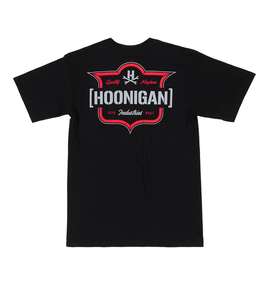 Black short sleeve tee featuring the Hoonigan emblem on the front, designed for motorsport enthusiasts.