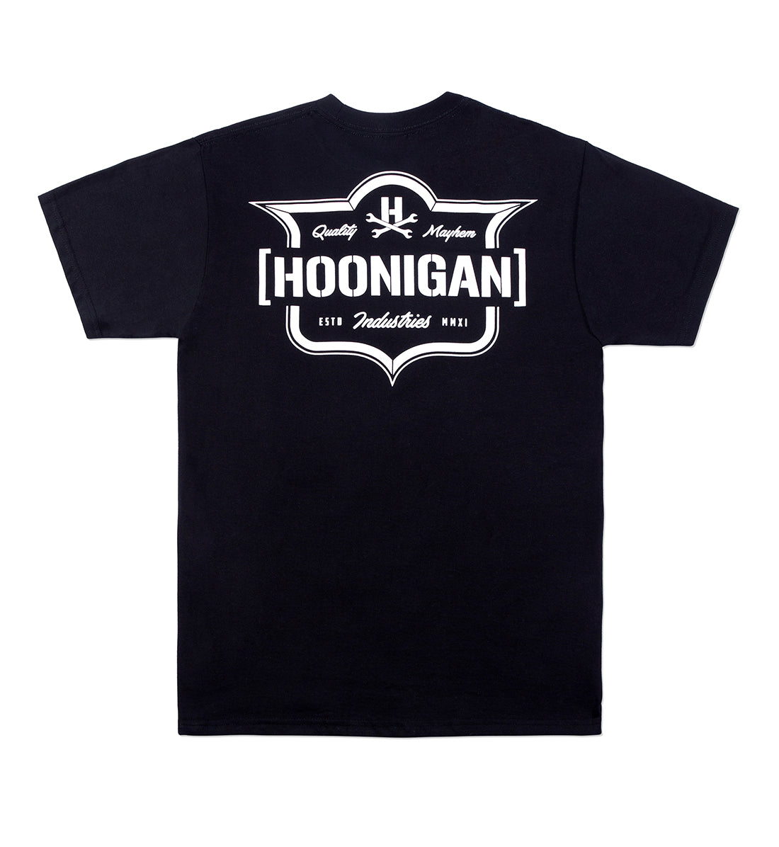 Hoonigan EMBLEM Black Short Sleeve Tee featuring a bold logo print on the back.
