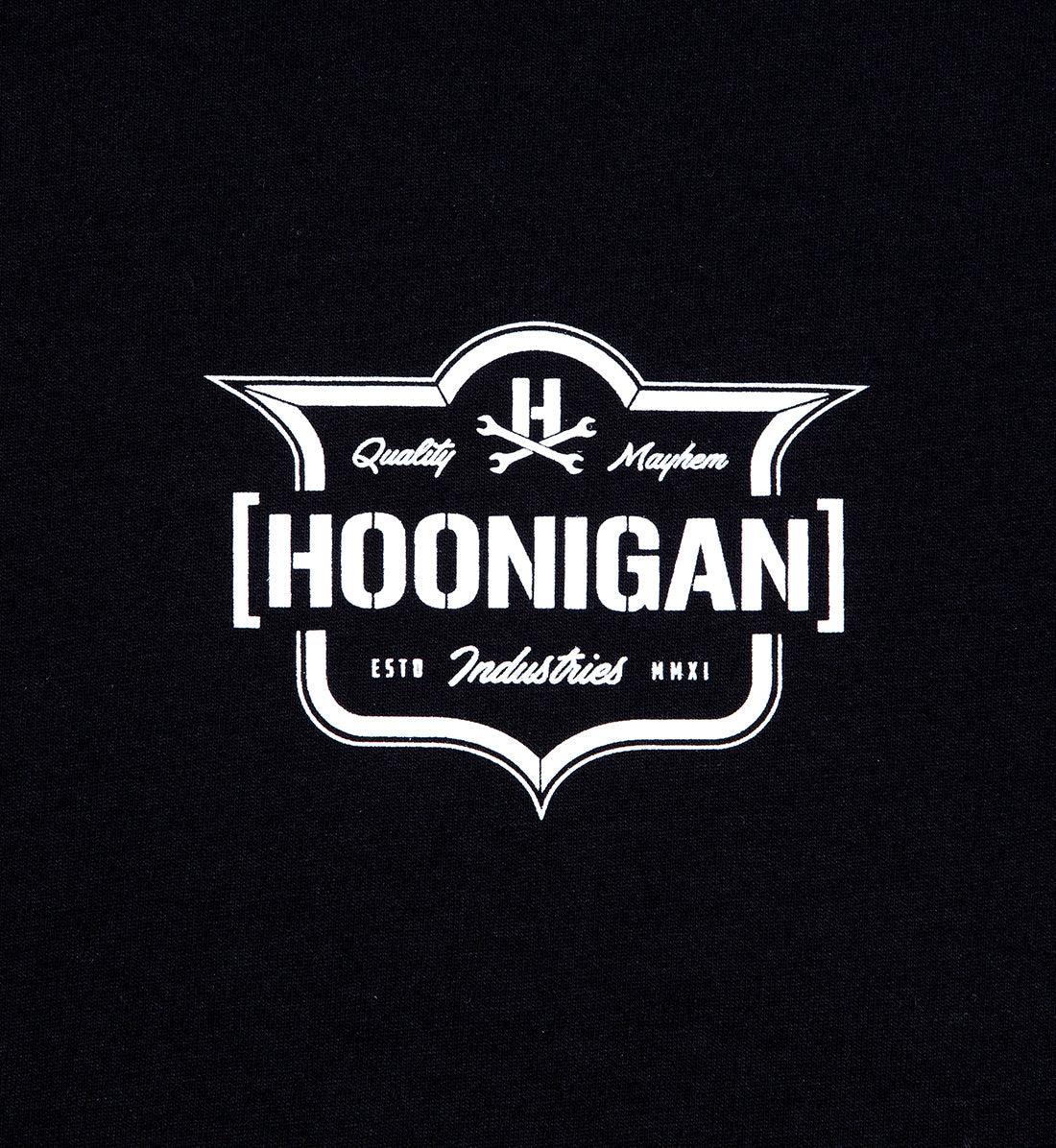 Black Hoonigan EMBLEM short sleeve tee featuring a prominent logo graphic on the front.