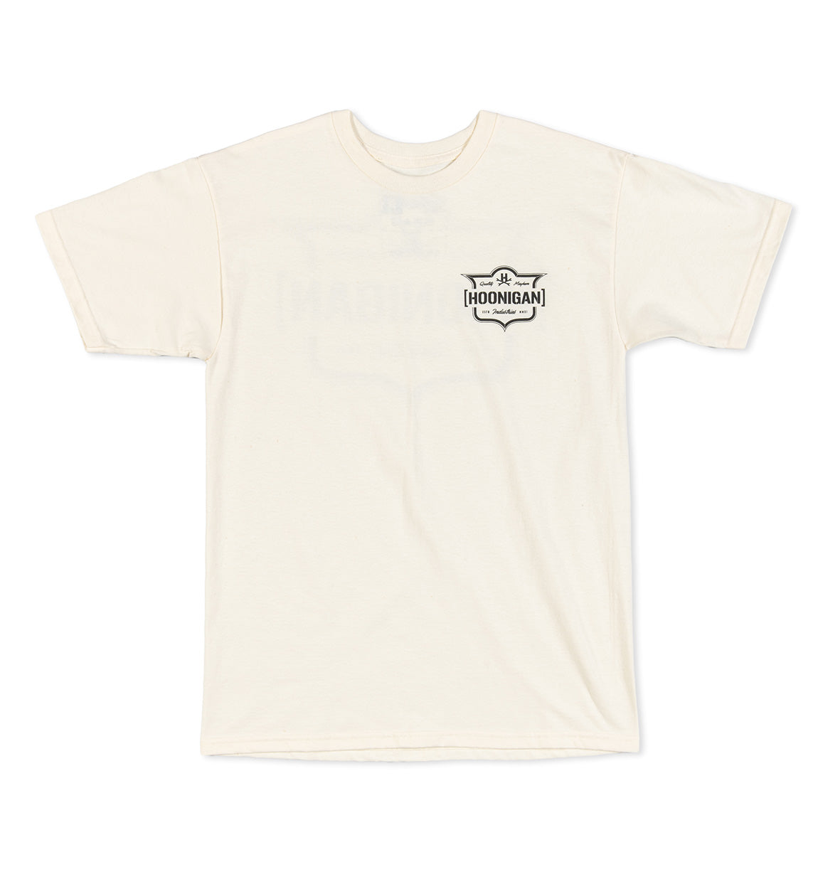 Hoonigan EMBLEM Short Sleeve Tee in cream color featuring a bold black graphic logo on the chest.