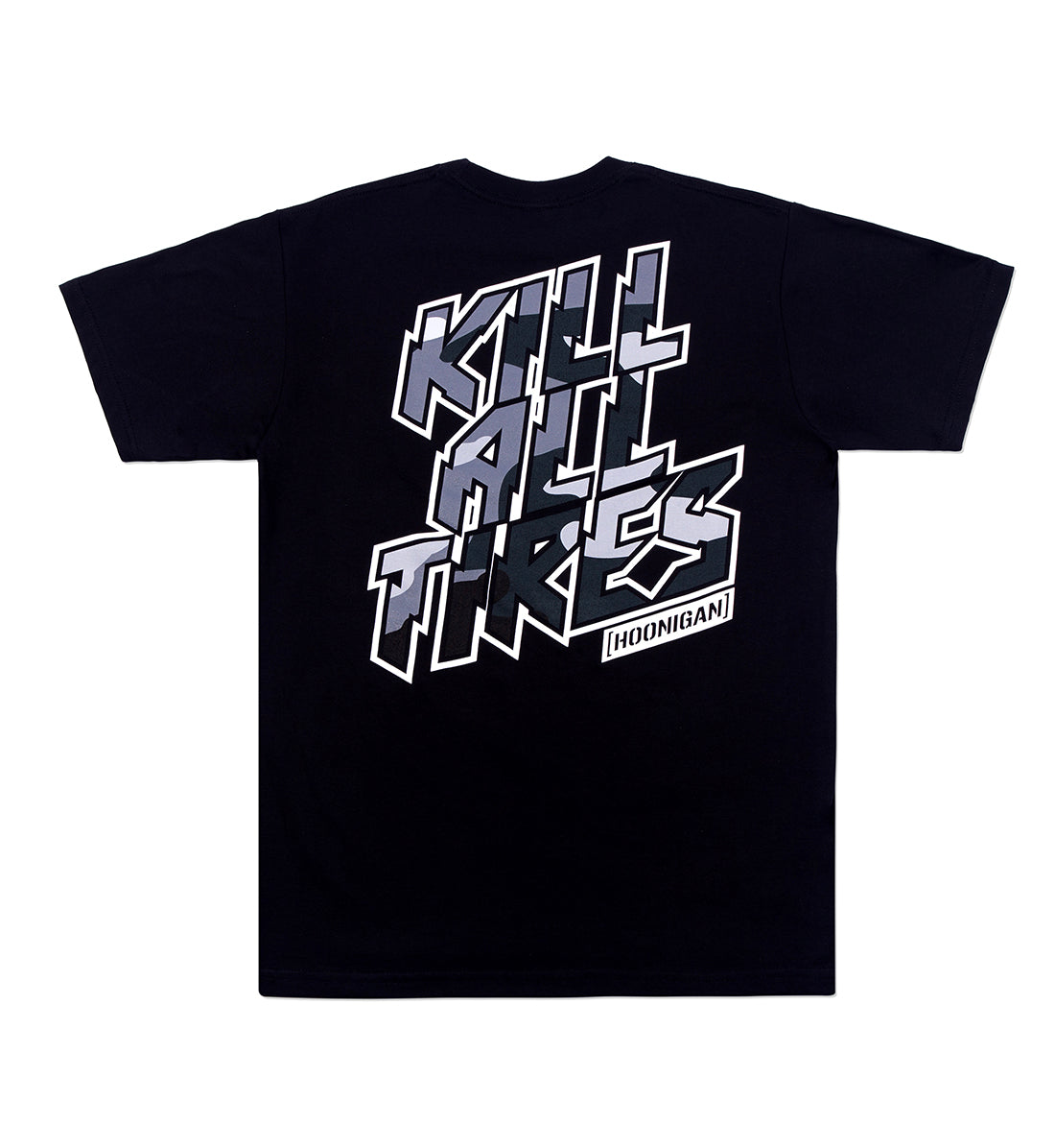 Hoonigan KILL ALL TIRES CAMO Short Sleeve Tee in black with camouflage design on the back.