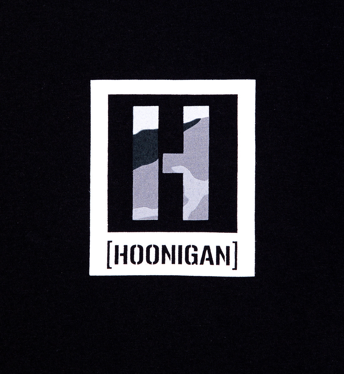 Hoonigan KILL ALL TIRES CAMO Short Sleeve Tee in black, featuring a camouflage design and bold graphic text on the front.