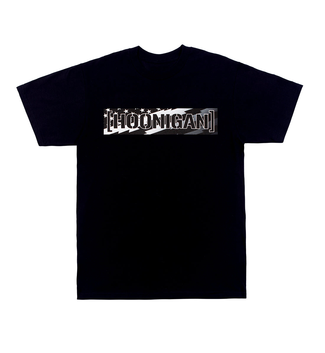 Hoonigan STARS & STRIPES CENSOR BAR Short Sleeve Tee in black with bold graphic design featuring stars and stripes on the front.