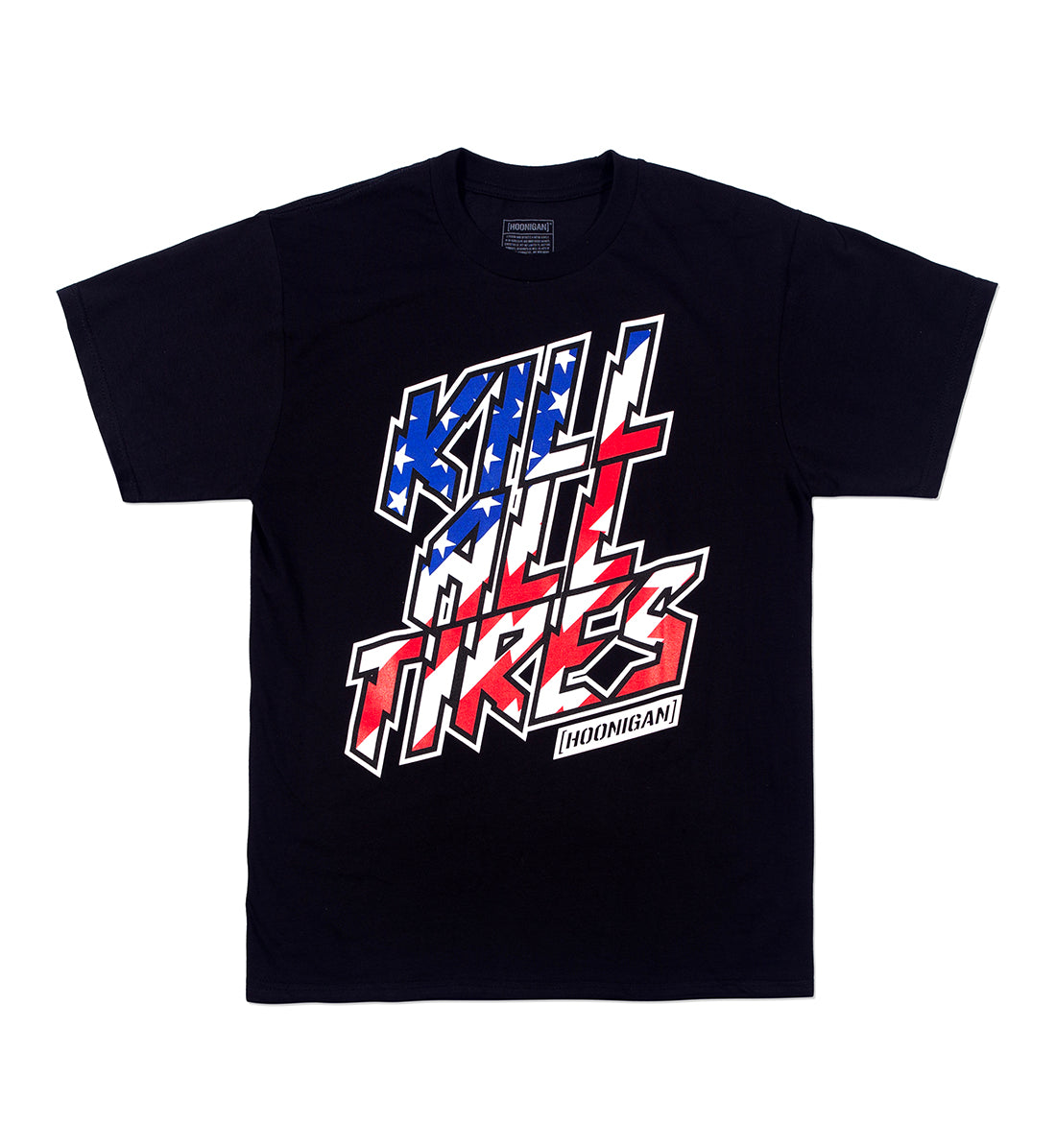 Hoonigan KILL ALL TIRES short sleeve tee featuring stars and stripes design, black fabric, front view.