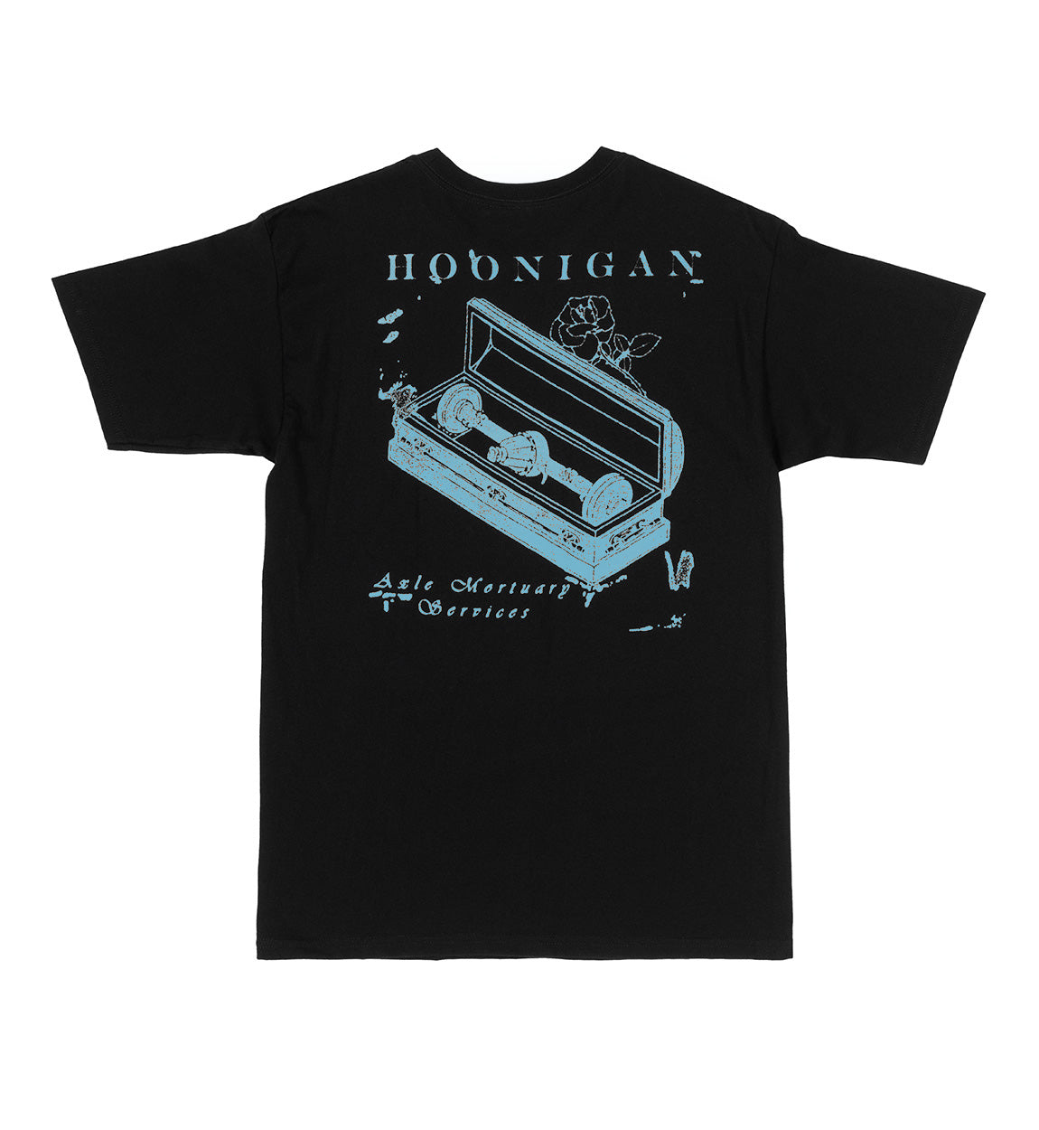 Hoonigan MORTUARY Short Sleeve Tee featuring a black and blue graphic design on a black shirt.
