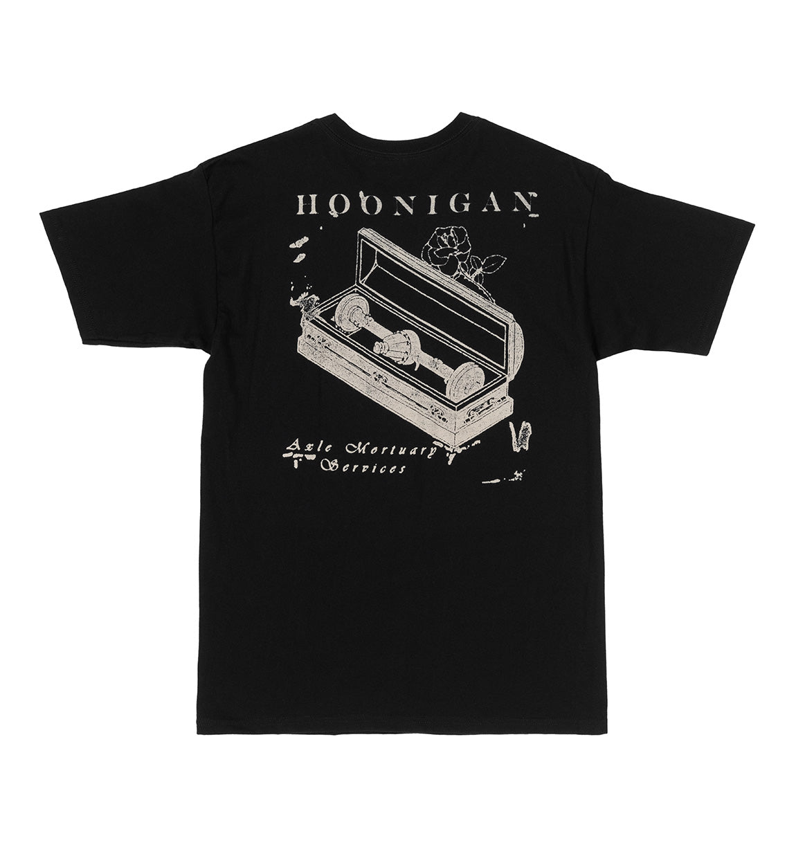 Black Hoonigan MORTUARY short sleeve t-shirt with bold graphic design on the front.
