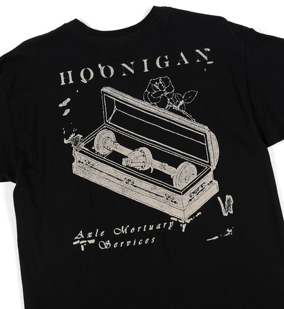 Black Hoonigan MORTUARY short sleeve tee featuring a bold graphic design on the front.