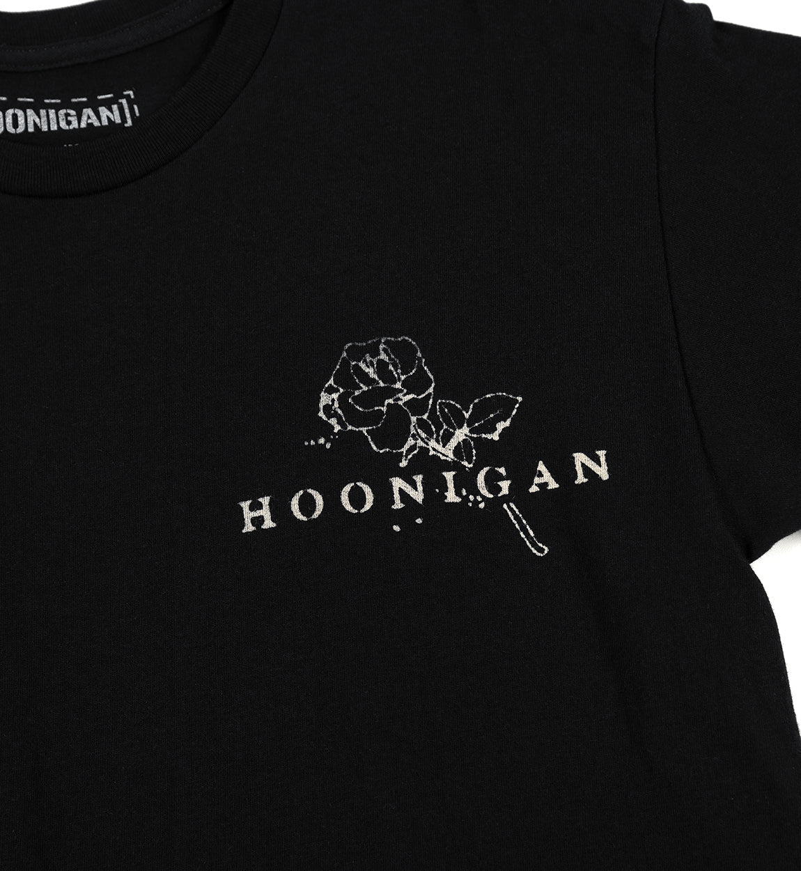 Black Hoonigan MORTUARY short sleeve tee featuring a graphic print on the front.