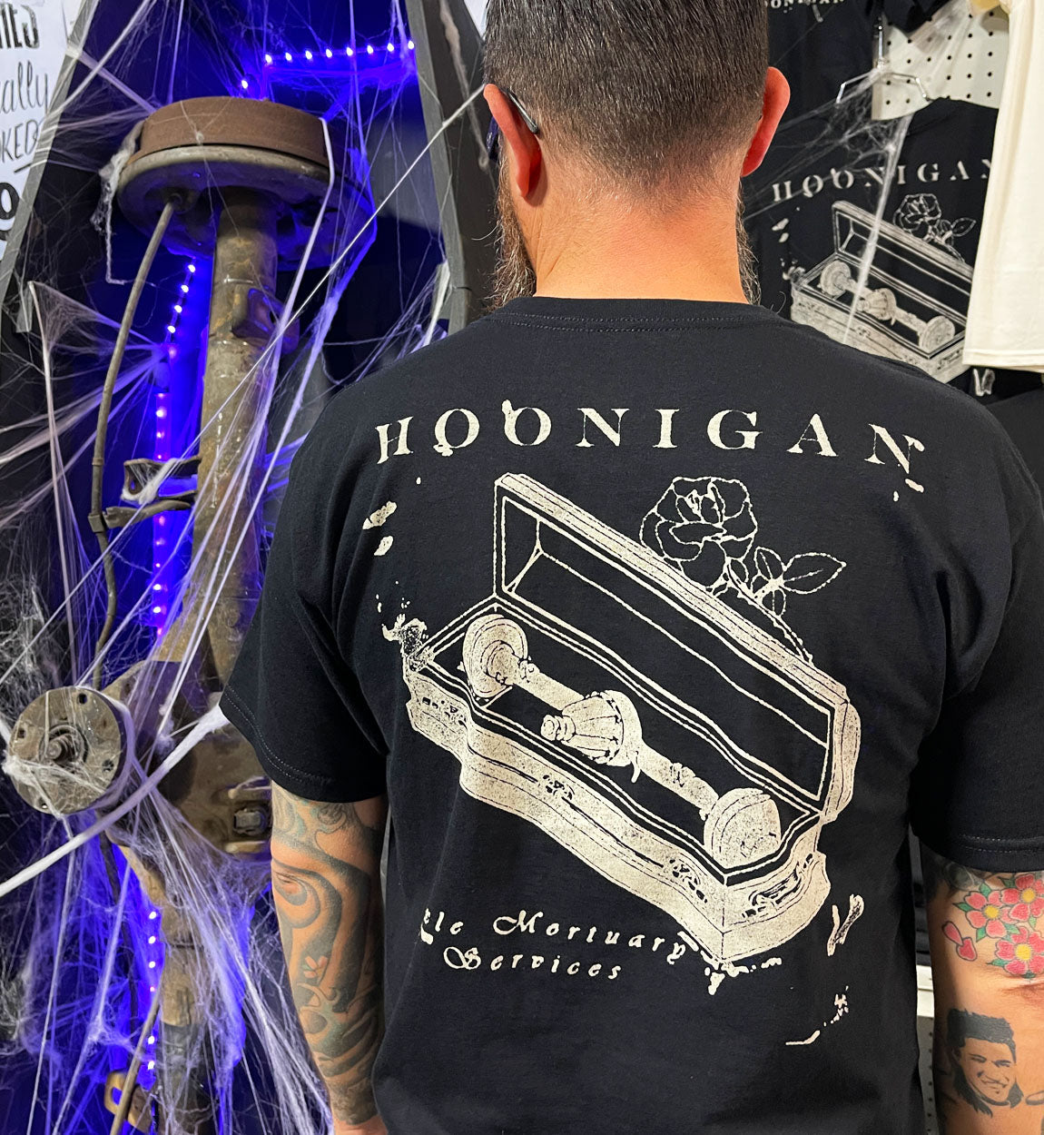 Black Hoonigan MORTUARY short sleeve tee featuring a bold graphic design on the front.