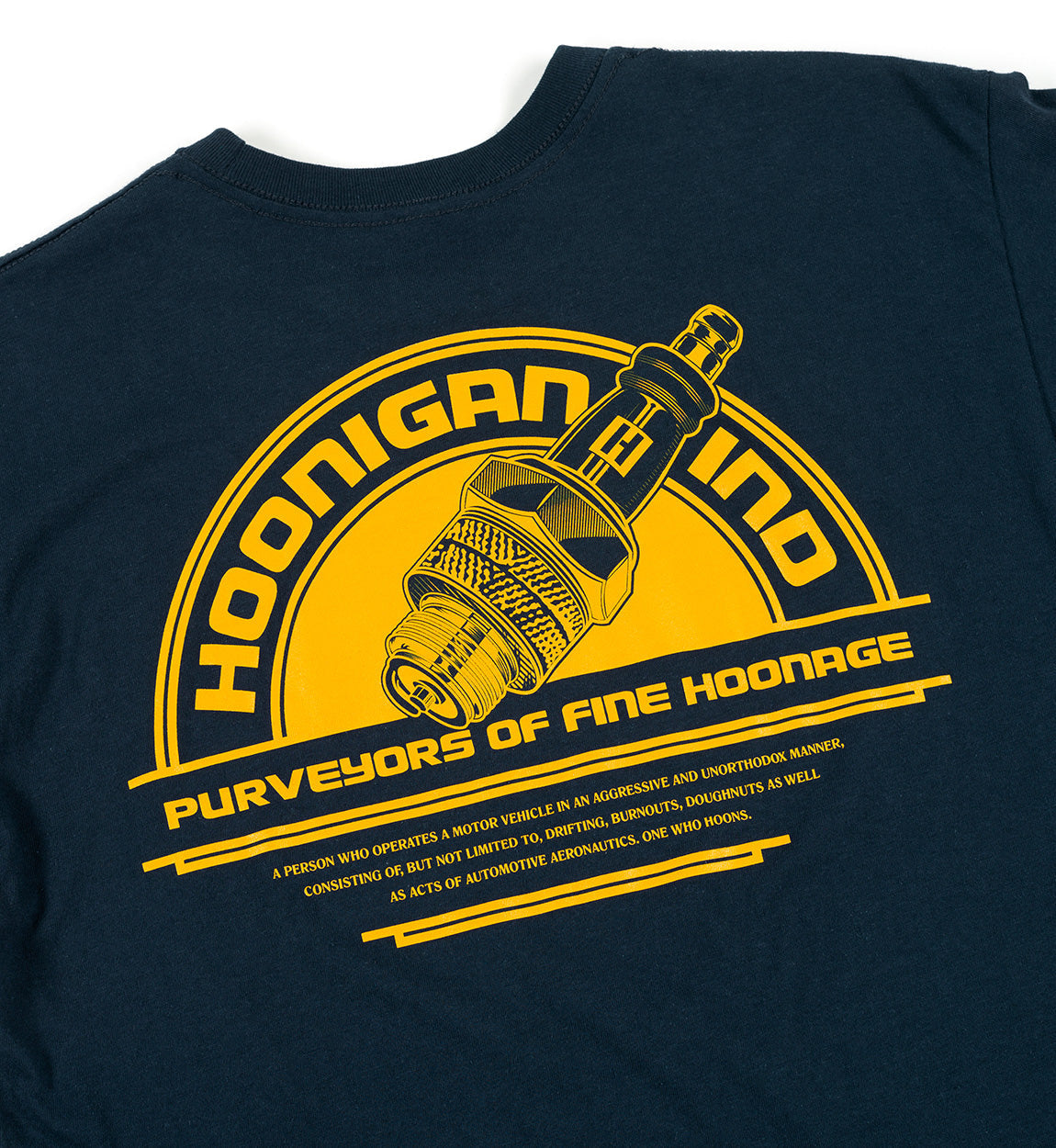 Hoonigan MISFIRE short sleeve tee in navy blue with a bold graphic design.