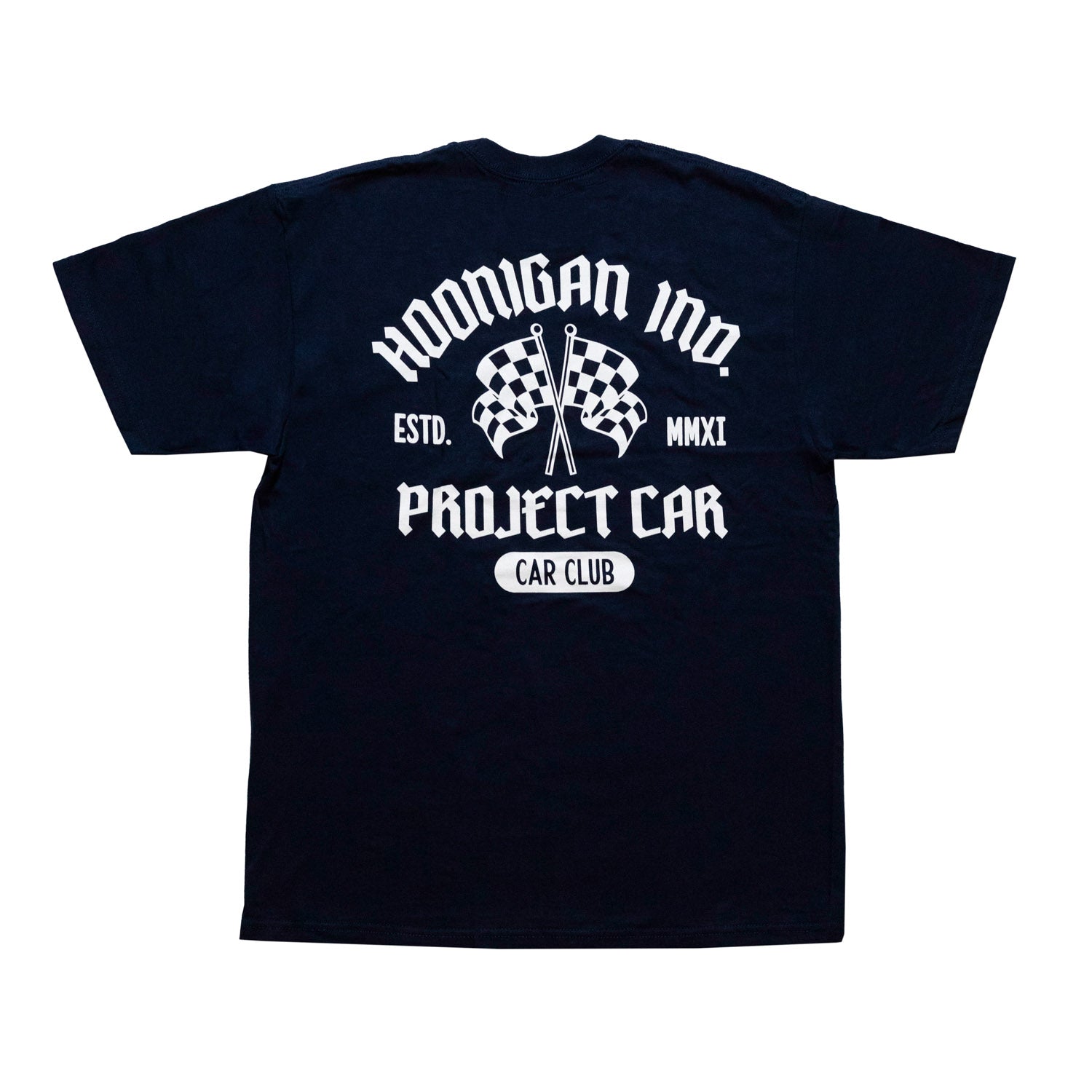 Hoonigan PCCC Short Sleeve Tee in navy blue with bold white logo and graphic design.