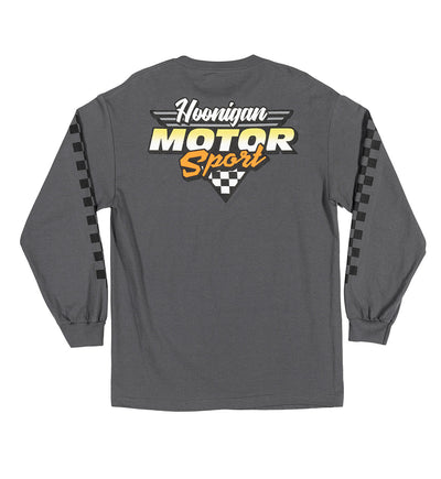 Hoonigan Motorsport Long Sleeve T-shirt featuring a bold graphic design and logo in black and white.