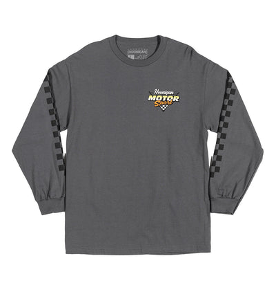 Hoonigan Motorsport long sleeve shirt in charcoal gray with bold white logo and graphic design.