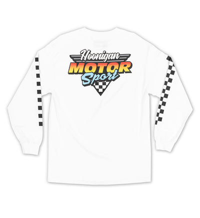 Hoonigan Motorsport white long sleeve shirt featuring a bold logo and graphic print.