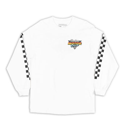 Hoonigan Motorsport long sleeve white shirt with bold black logo on front.