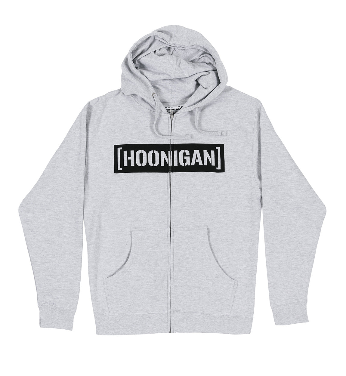 Hoonigan CENSOR BAR Zip Hoodie in gray with black design elements, featuring a front zipper, hood, and kangaroo pockets.