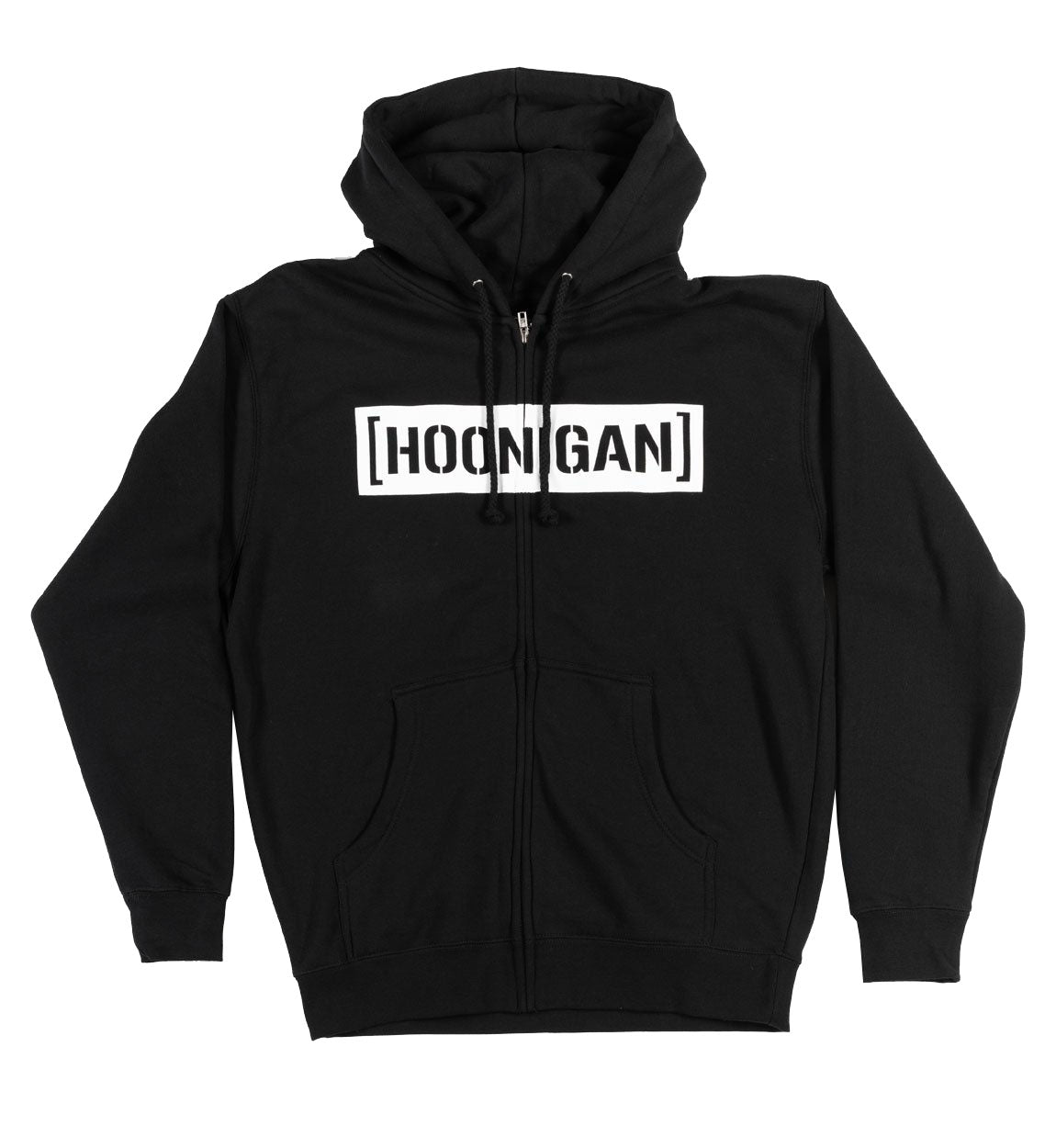Hoonigan CENSOR BAR Zip Hoodie in black and white, featuring a bold graphic design on the chest, front zipper, and drawstring hood.