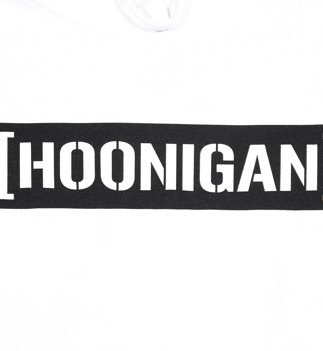 Hoonigan CENSOR BAR pullover hoodie in white, featuring a bold black graphic design on the front.