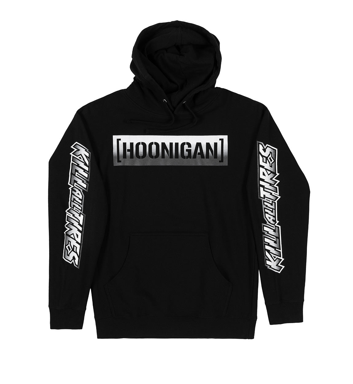 Hoonigan CBAR KILL ALL TIRES FADE Hoodie in black and gray with bold text design.