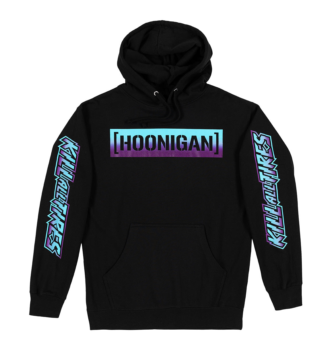 "Black Hoonigan CBAR KILL ALL TIRES FADE Hoodie featuring bold white and red graphics on the front."