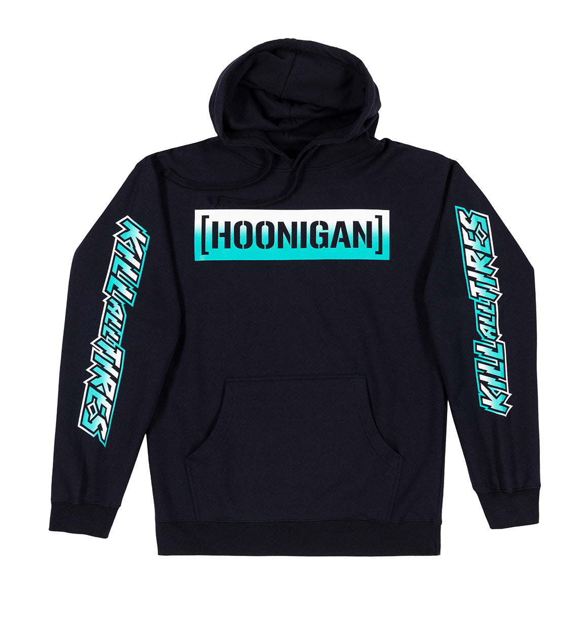 Hoonigan CBAR KILL ALL TIRES FADE Hoodie in black with colorful fade design, featuring bold white text, perfect for motorsports enthusiasts.