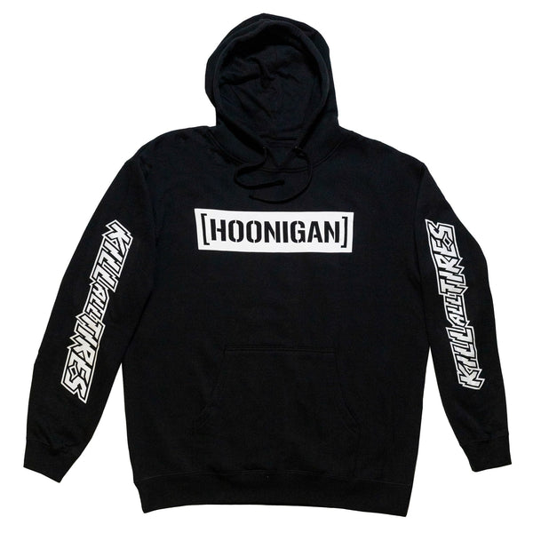 Black pullover hoodie featuring a bold white "[HOONIGAN]" logo on the front and "KILL ALL TIRES" text on the sleeves.