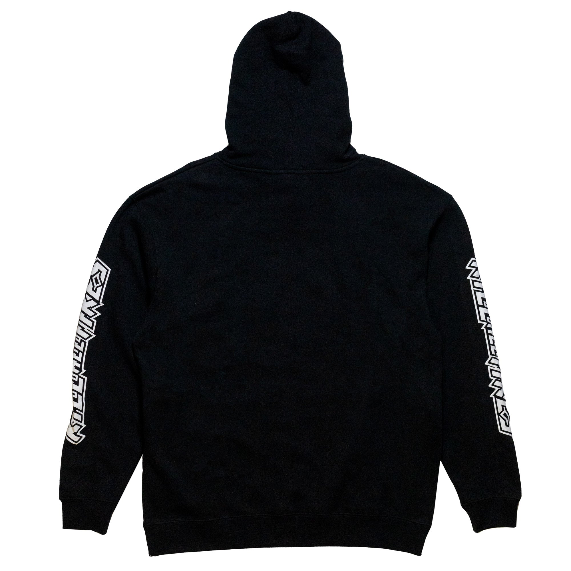 Back view of the Hoonigan CENSOR BAR KILL ALL TIRES pullover hoodie featuring bold white graphics on the sleeves.