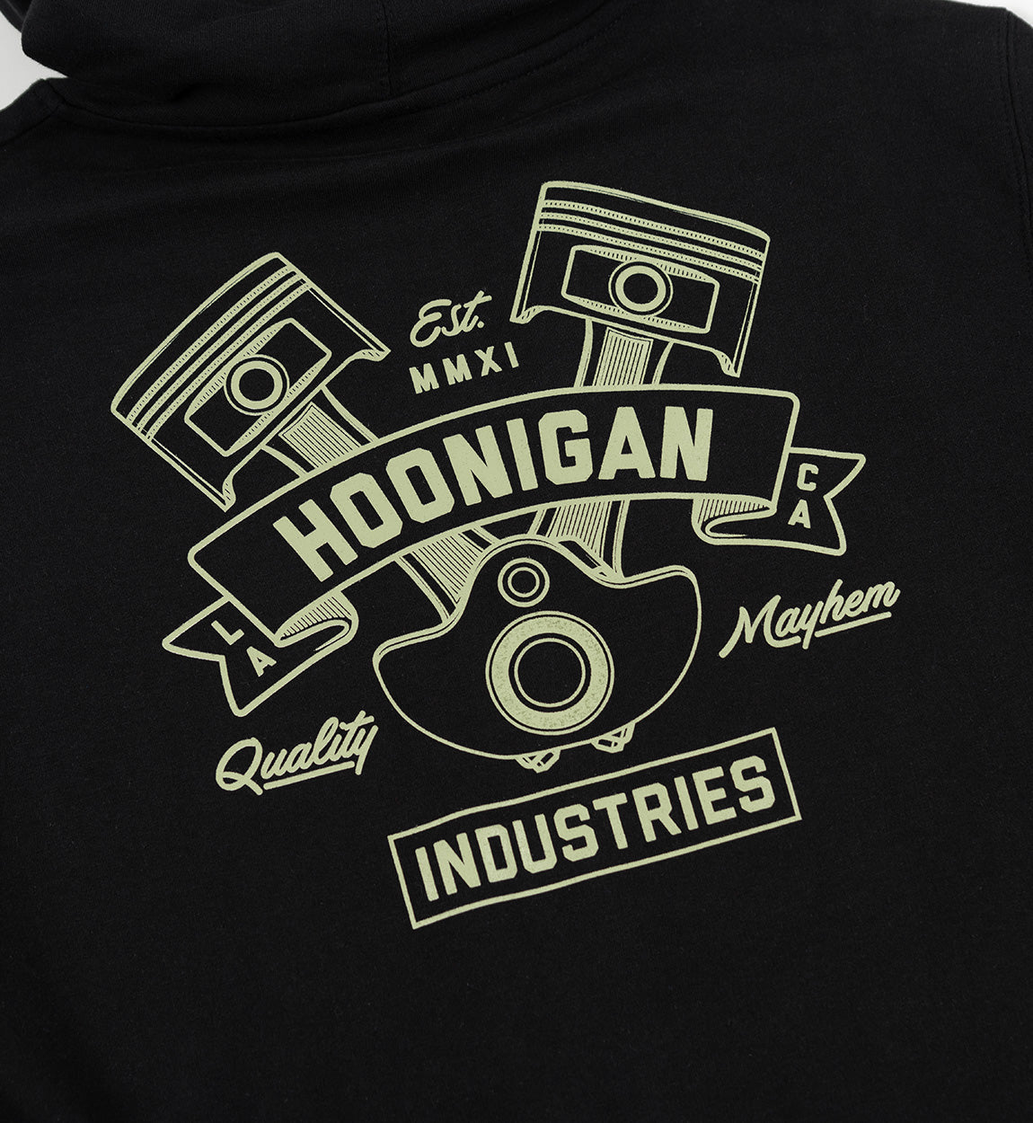 Black Hoonigan CRANKED pullover hoodie featuring a bold graphic logo on the front and a comfortable fit.