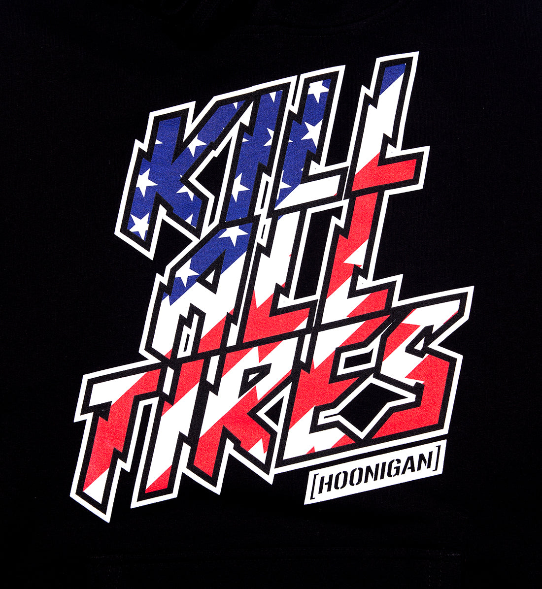 Hoonigan KILL ALL TIRES Short Sleeve Tee featuring a bold stars and stripes design on a black background.