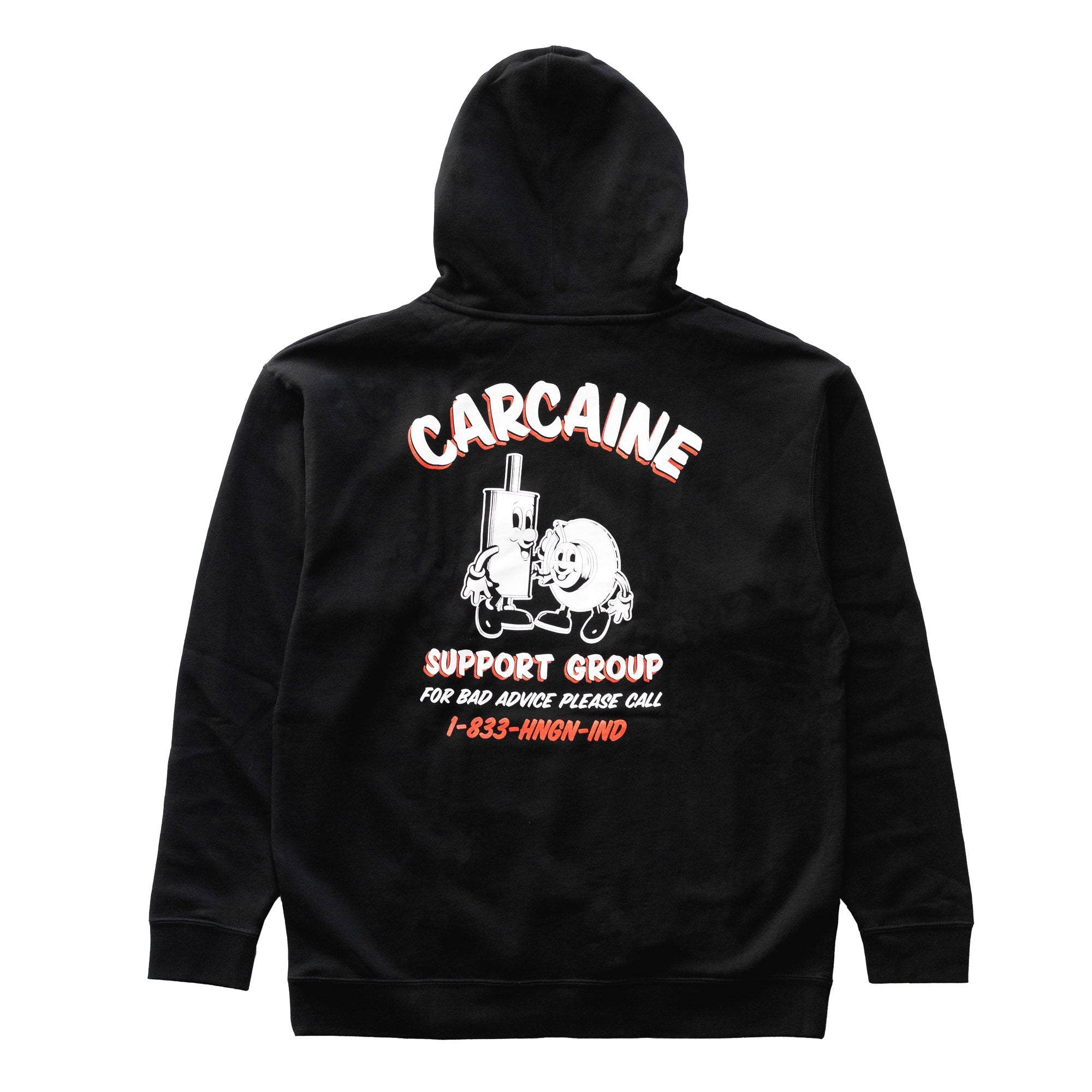 Black Hoonigan CARCAINE SUPPORT GROUP pullover hoodie featuring a bold graphic logo on the front.