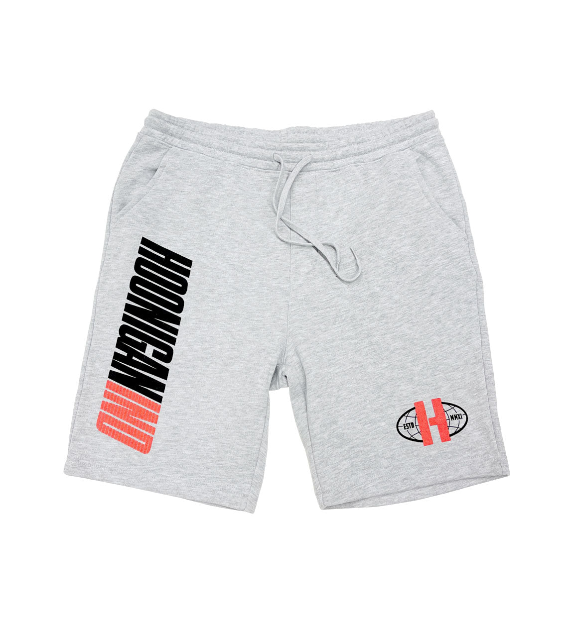 Hoonigan WORLDWIDE gray fleece shorts with logo design.