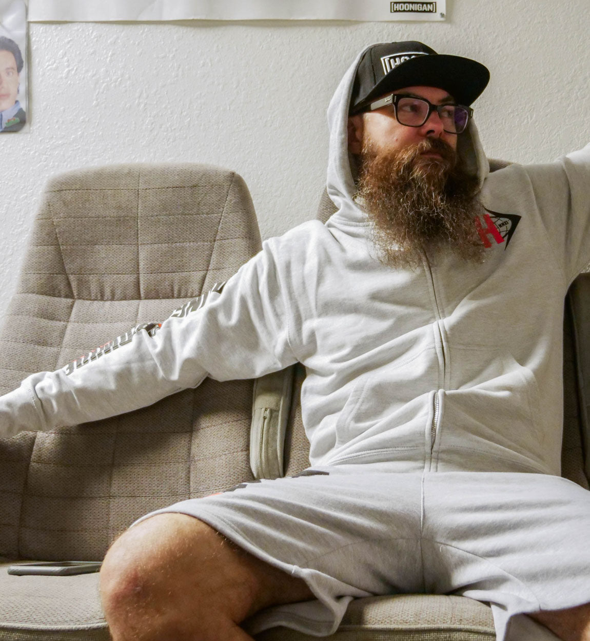 Hoonigan WORLDWIDE Fleece Shorts in gray, featuring an elastic waistband and side pockets, displayed on a flat surface.