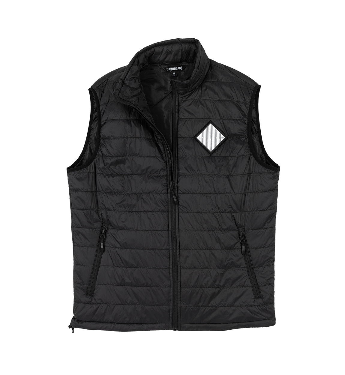 Black puffer vest with a front zipper, zippered side pockets, and a diamond-shaped logo patch on the chest.