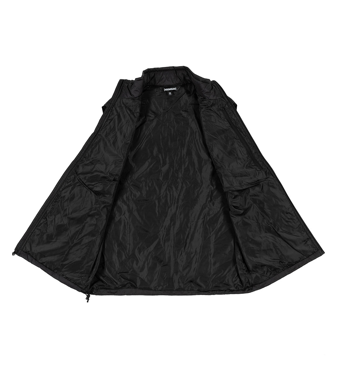 Black GRILLE Puffer Vest with a quilted, insulated design, open to show the lightweight, shiny inner lining.