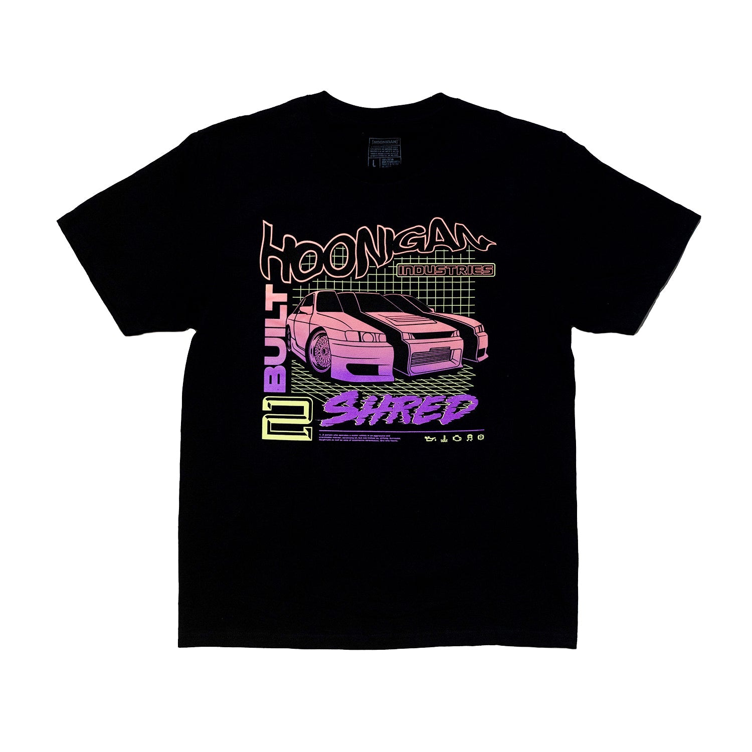 Hoonigan BUILT 2 SHRED Short Sleeve Tee featuring a bold graphic design on a black background.