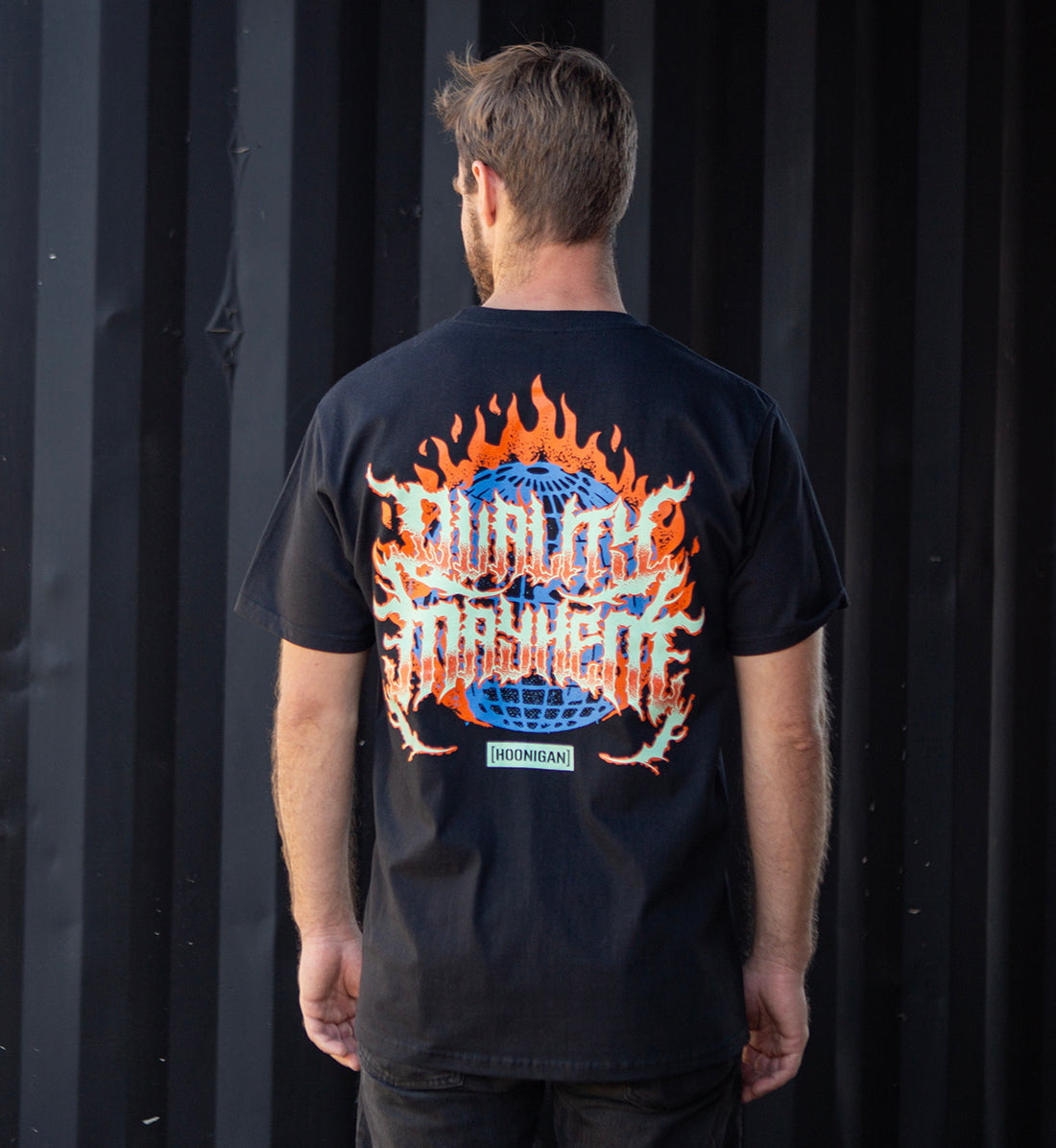 Black Hoonigan MAYHEM WORLDWIDE short sleeve tee featuring large graphic logo on back.