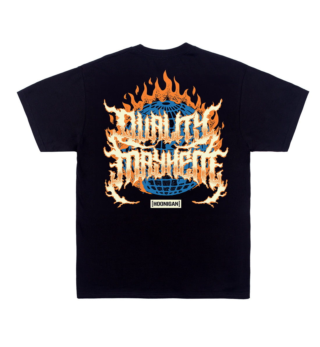 Hoonigan MAYHEM WORLDWIDE Short Sleeve Tee featuring a large graphic logo on the back.