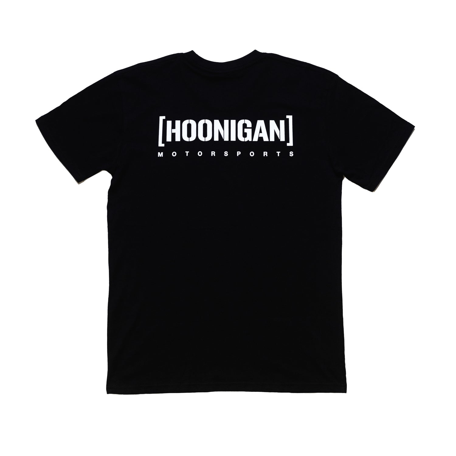 Hoonigan Motorsports black short sleeve tee featuring a bold graphic design on the back.