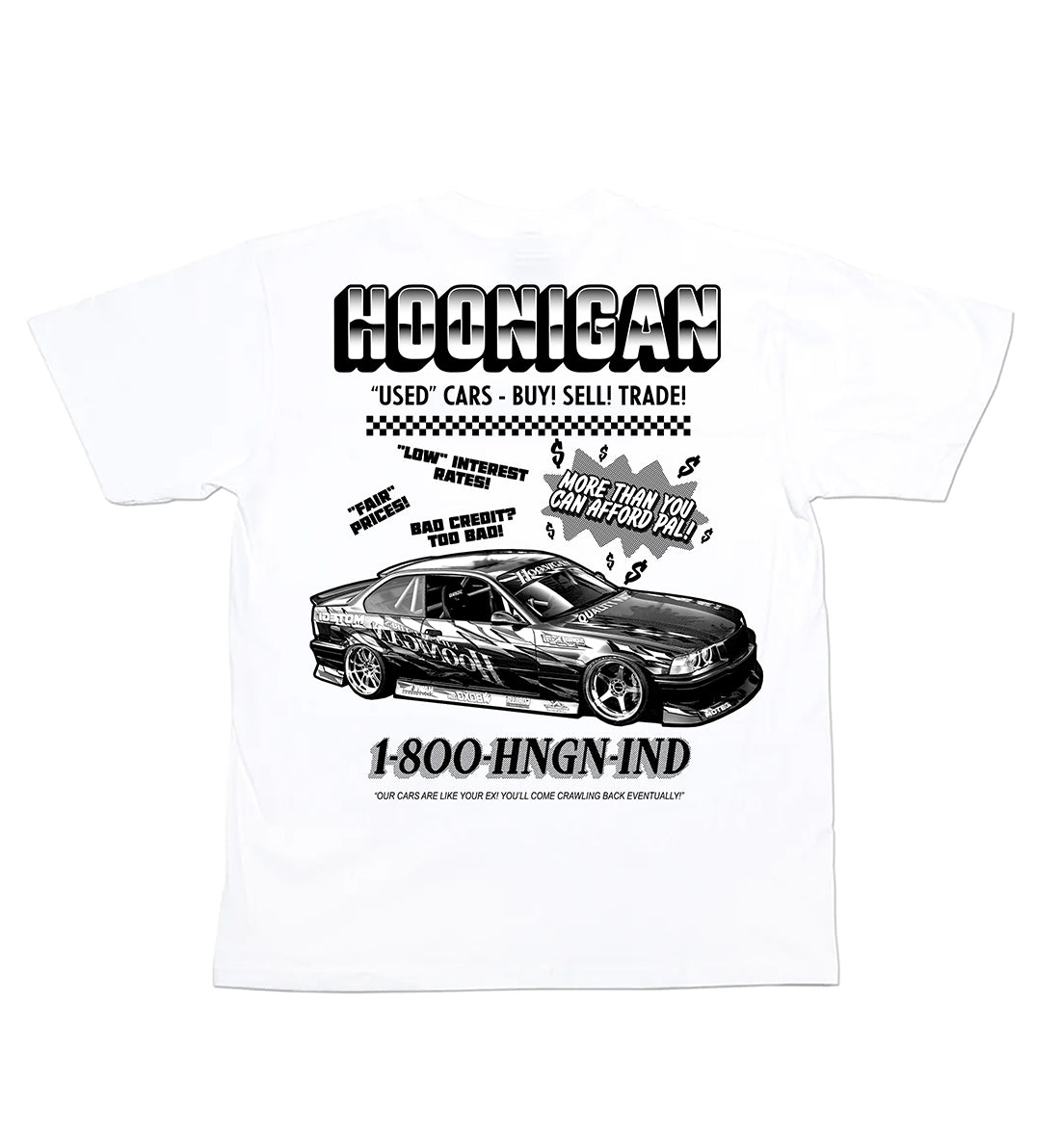 Hoonigan USED CARS Short Sleeve Tee with graphic design on the back, featuring vintage car elements.