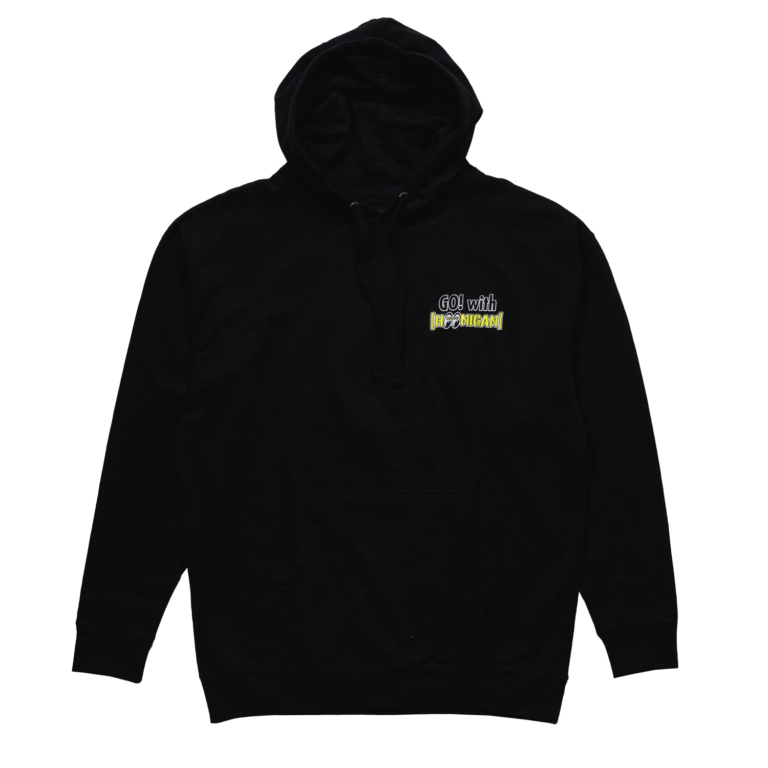 Black pullover hoodie featuring Hoonigan x Mooneyes logo on the front, perfect for motorsport enthusiasts.