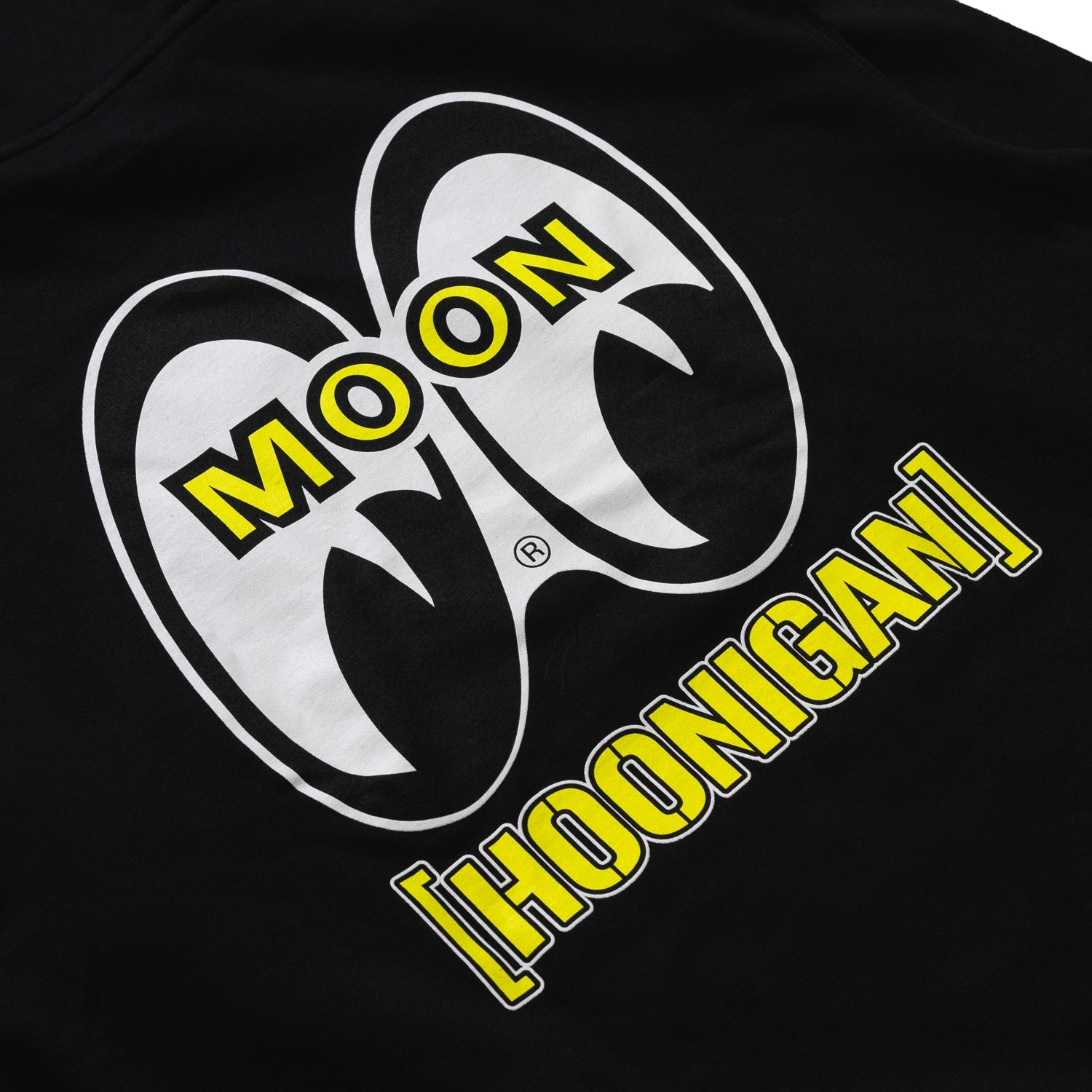 Black pullover hoodie featuring bold yellow and white "MOON" and "HOONIGAN" graphics on the back.