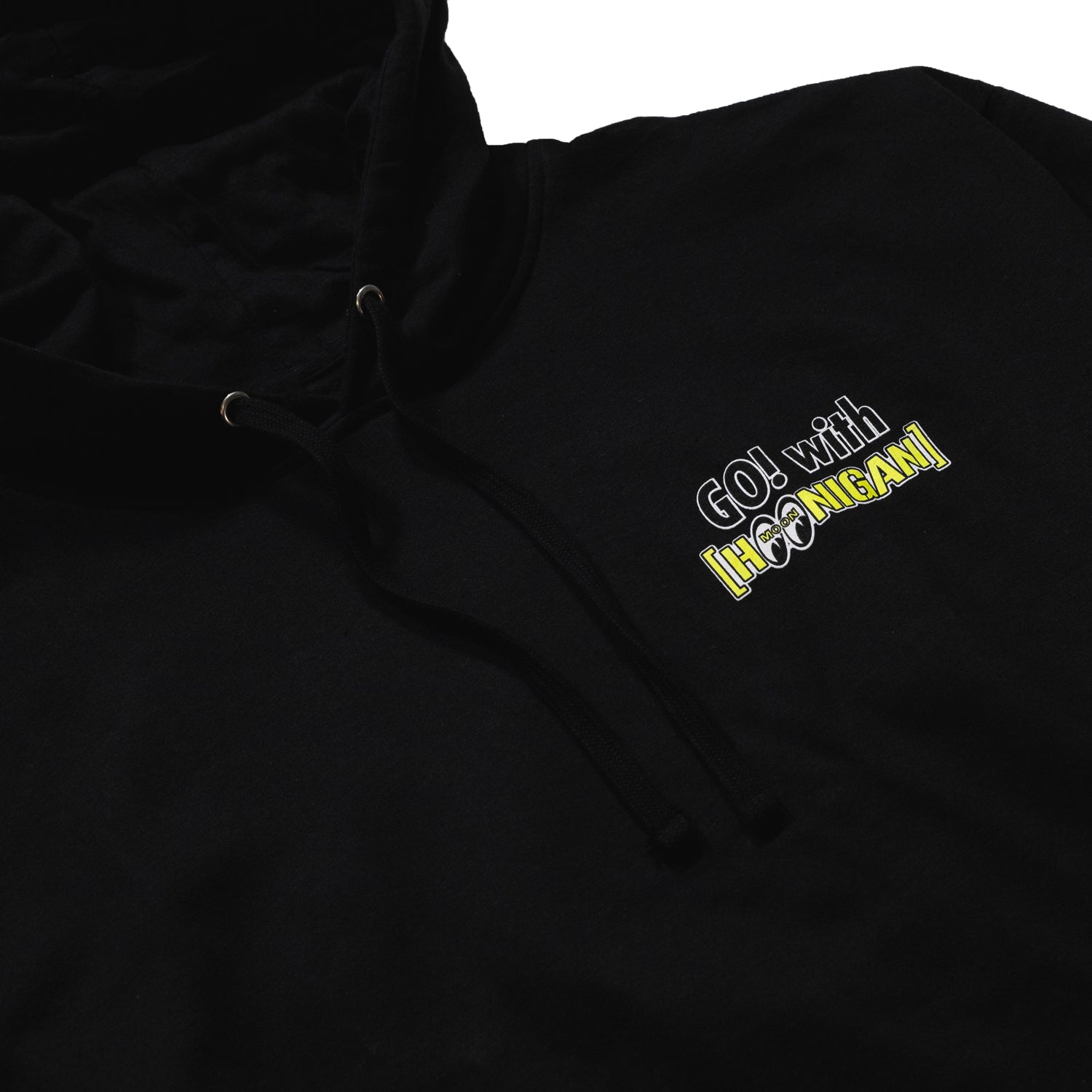 Black pullover hoodie featuring "GO! with HOONIGAN" graphic, perfect for automotive lifestyle enthusiasts.