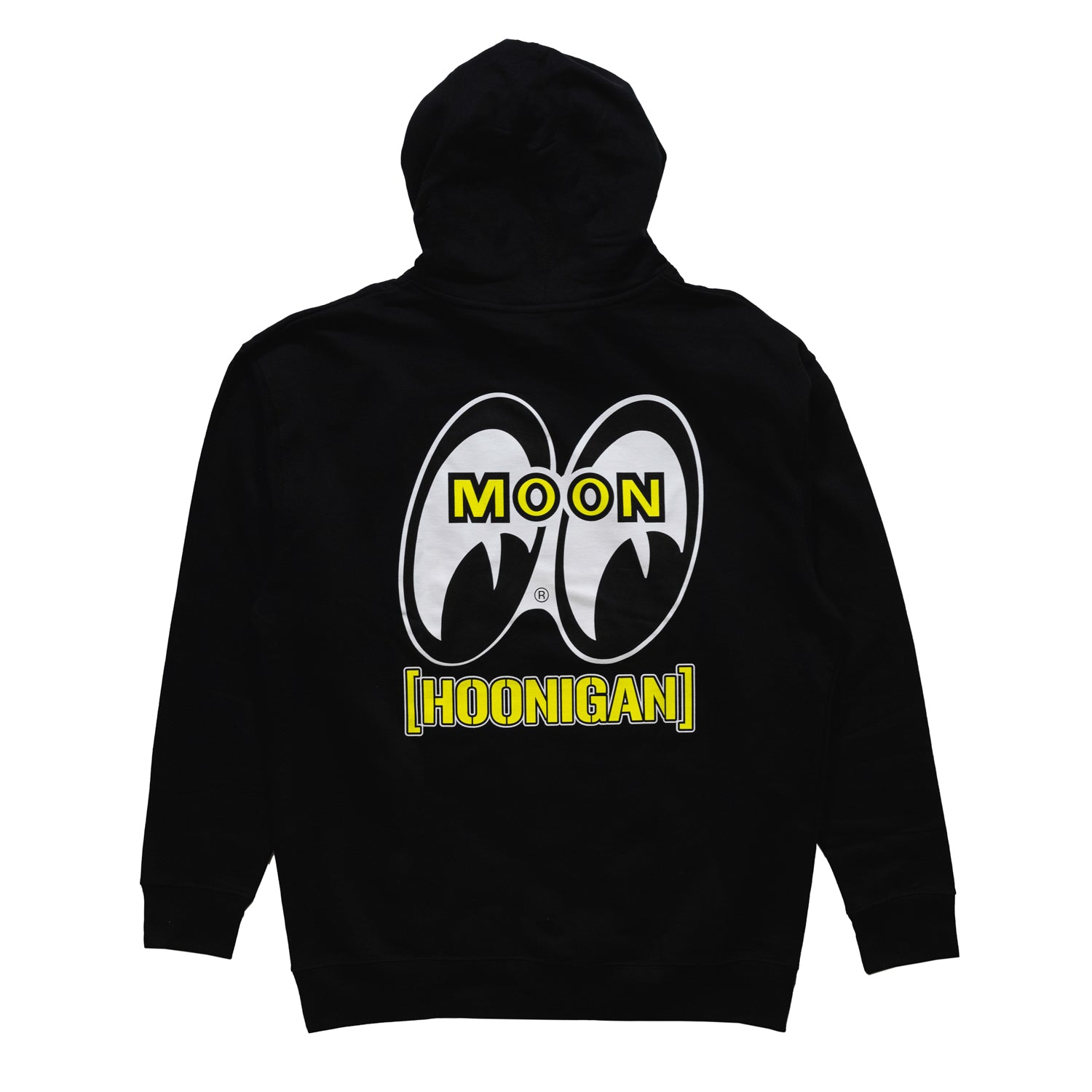 Black pullover hoodie featuring the Hoonigan and Mooneyes logo on the back, ideal for motorsport enthusiasts.