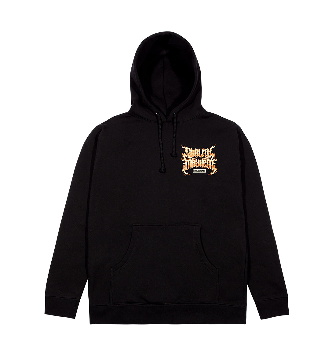 Hoonigan MAYHEM WORLDWIDE pullover hoodie featuring a bold graphic logo on the front, in black with a stylish hood and kangaroo pocket.